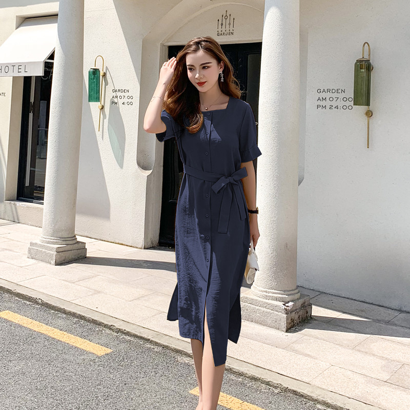 VK旗艦店 韓系純色收腰系帶復古修身氣質顯瘦短袖洋裝