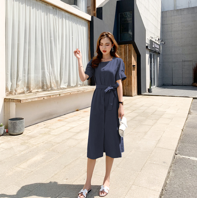 VK旗艦店 韓系純色收腰系帶復古修身氣質顯瘦短袖洋裝