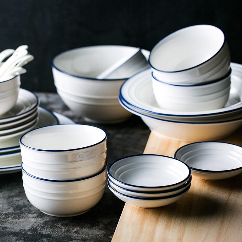 Eat BB round wire ceramic tableware suit household white blue line dishes dish soup bowl disk to use