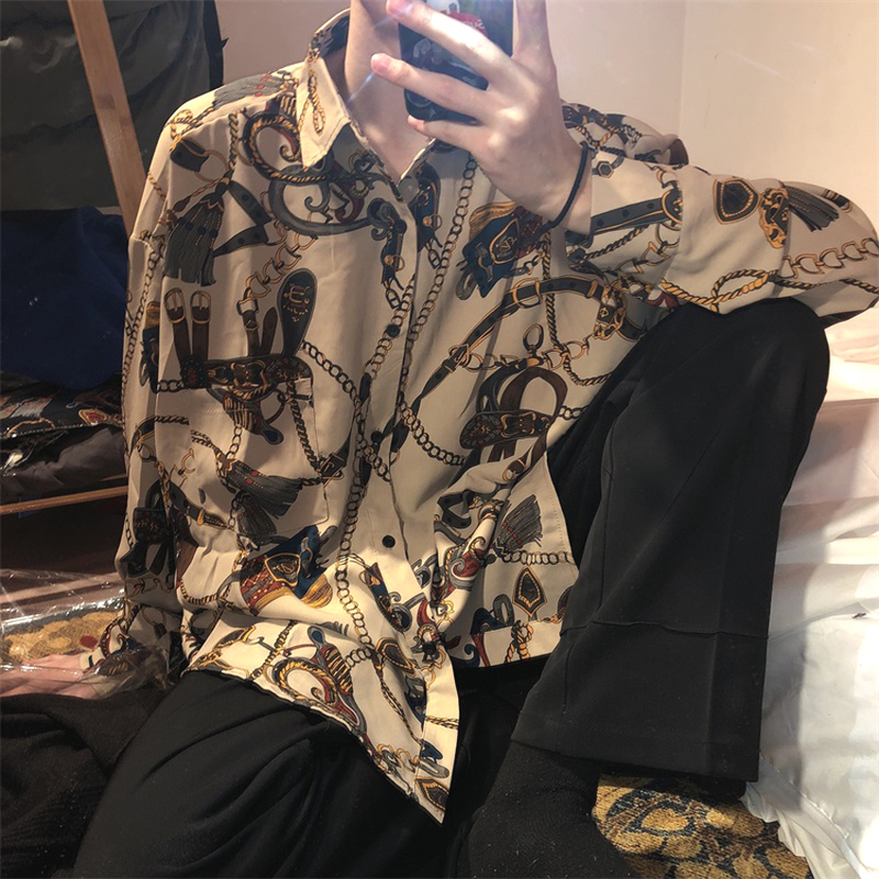 Hong Kong Style ins Retro Printed Chain Shirt for Men, Cool and Loose Long-Sleeve Nightclub Men's Floral Shirt Jacket