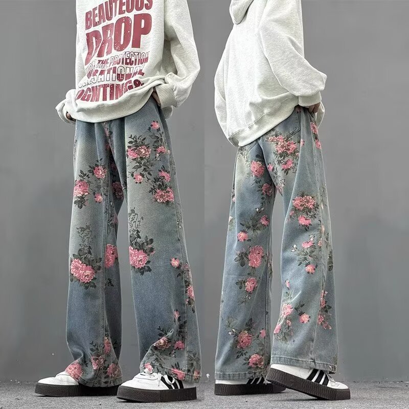 All-Over Rose Print Jeans for Men, Summer American Retro Style Pants, Lazy Style, Relaxed Fit, Wide-Leg Flared Pants