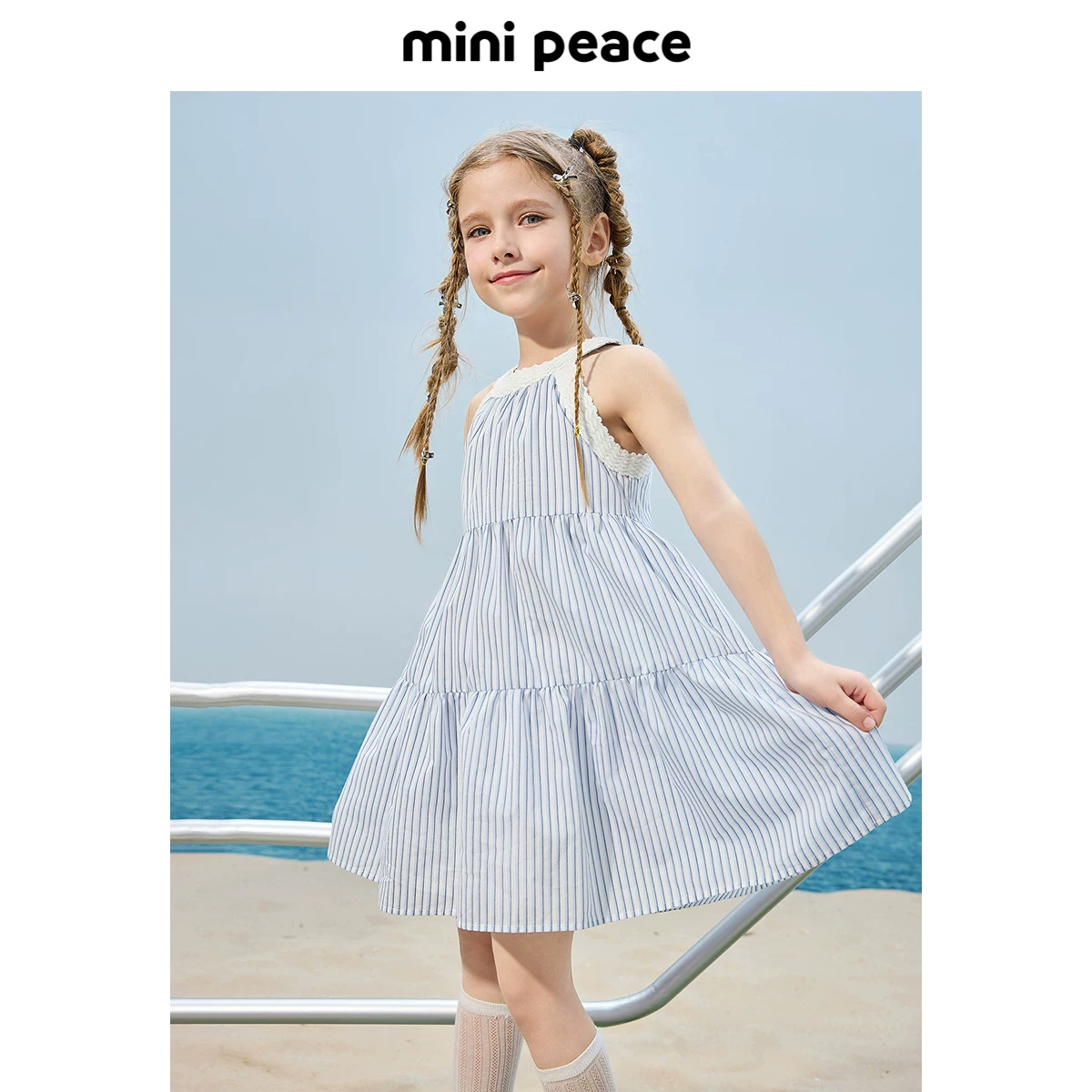 [Фэшн-серия] MINIPEACE Peacebird Детская одежда Ребенок Девочки Платье Летние каникулы Полосатая шейка лямка юбка