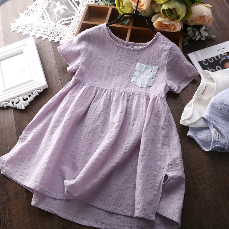 Children's suit Short sleeves Folds South Korea Princess Dress 2022 New Summer Han Edition Girl Cotton Hemp Pure Color Dress