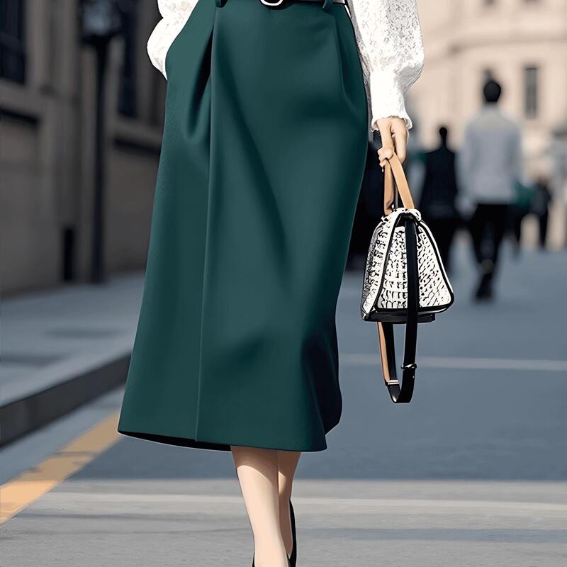 Summer French-Style High-Waisted Dark Green Slit Skirt, Mid-Length Skirt for Work