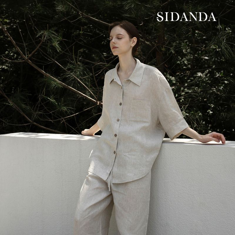 Sidanda French Rain Dew Linen Home Wear Set Spring and Summer Pure Linen Pajamas Set Can Be Worn Outside, Moisture-Absorbent and Breathable
