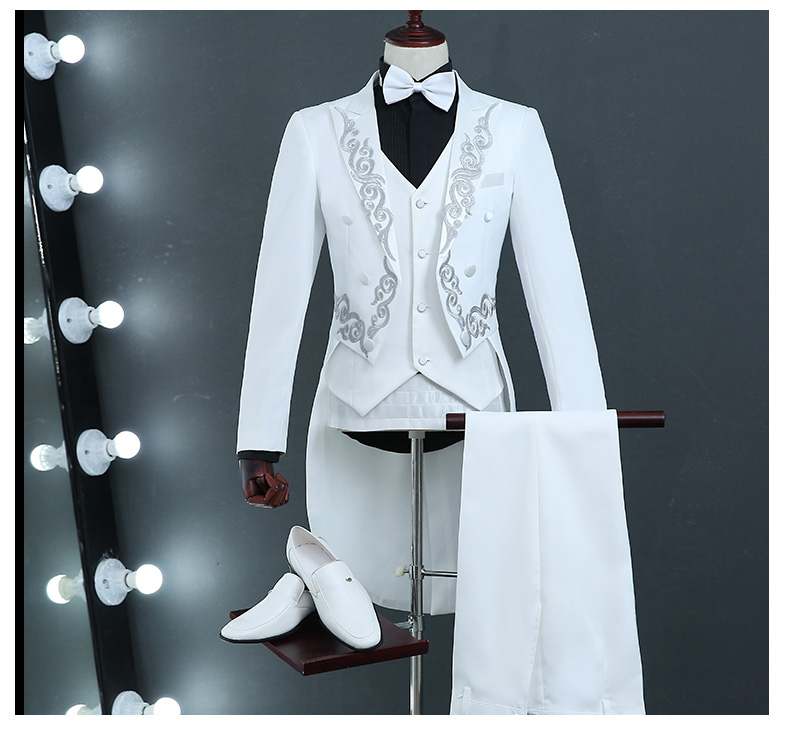 Flash Deal Singer stage white embroidery clothing for men tuxedo suit set with pants 2019 mens wedding suits costume groom formal dress tie 12