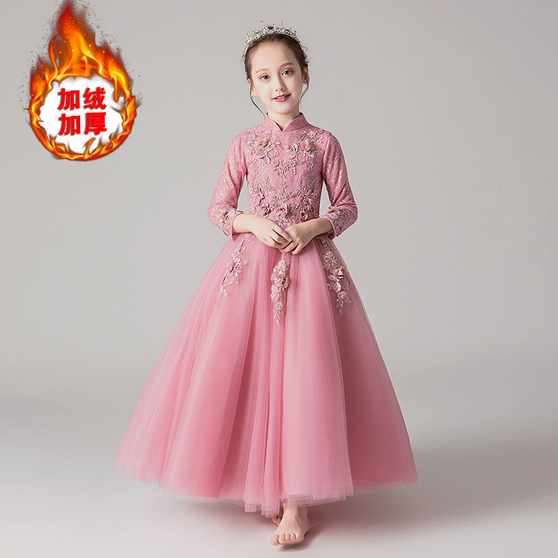 Children's Gown Princess Dress Girl's Birthday Plus Suede Long Sleeves Kid Flowers Host Piano out for autumn and winter