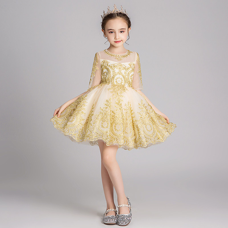 Little Girl Princess Dress Girl Golden Flower Boy Host Gown Gown Children Piano for a Performance Ocean Fall