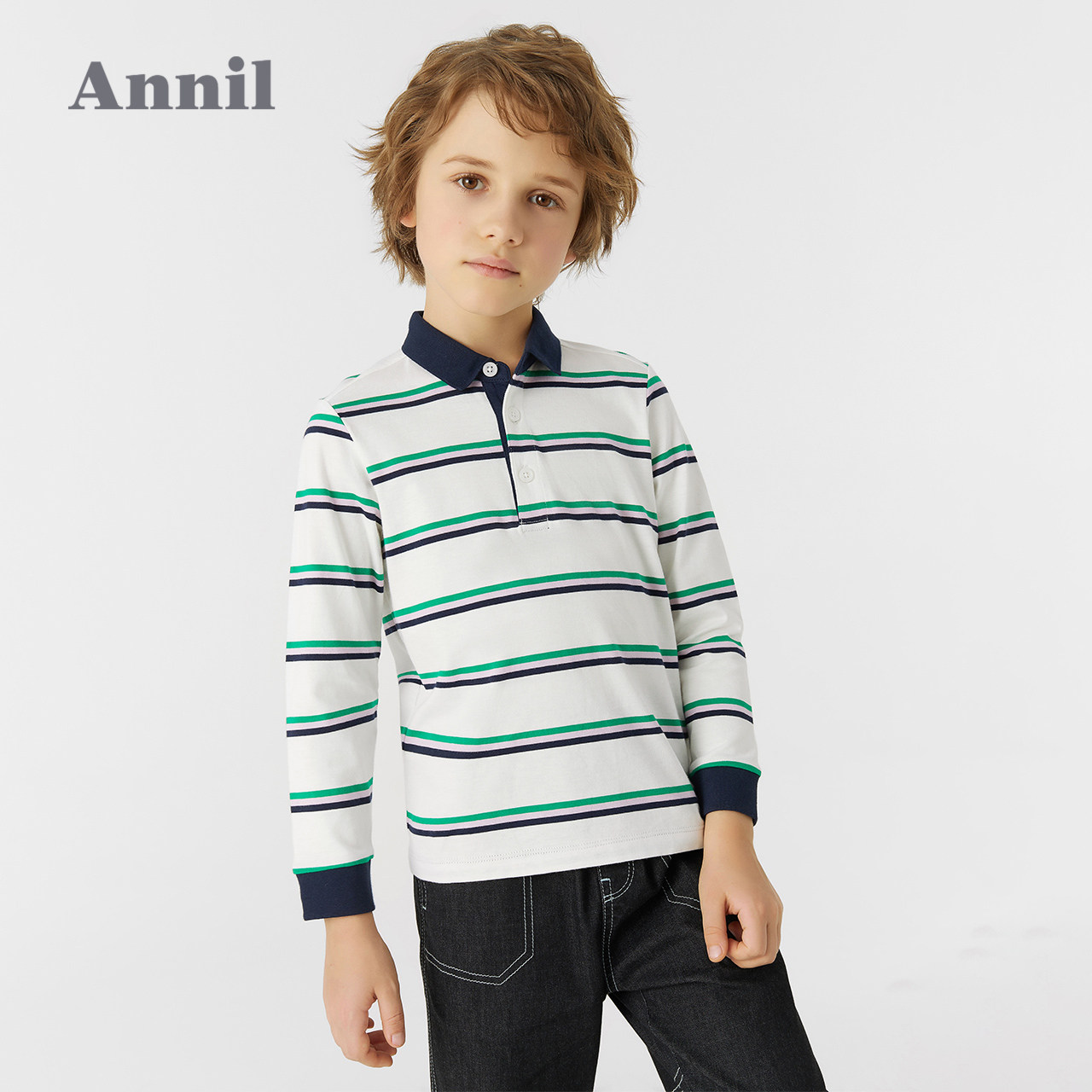 Annai children's wear boys lapels long-sleeved T-shirts spring and autumn children's cotton leggings striped knit tide