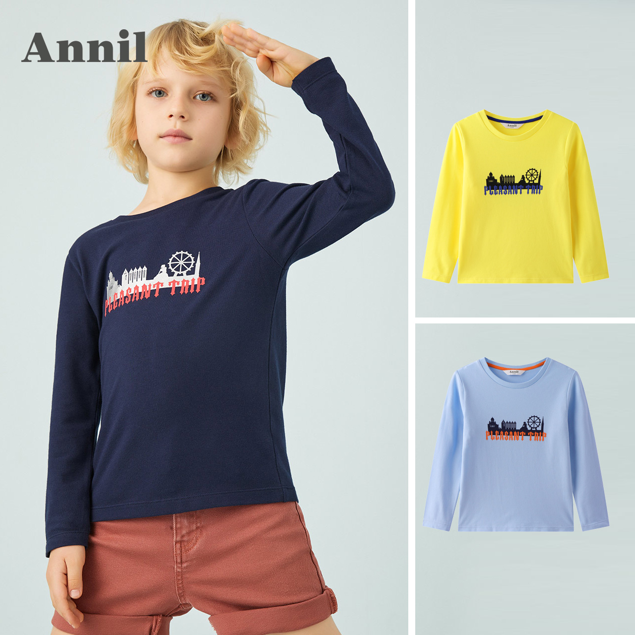 Annell trai dệt kim 2020 mùa xuân dress New Little Boy Vòng cổ áo dài tay áo T-shirt Trong Head top Big Boy.