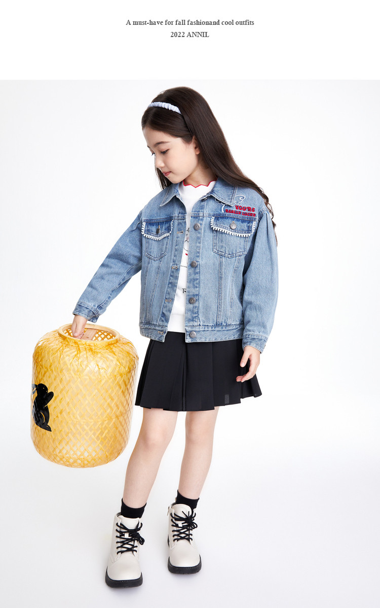 Детская куртка Жан 安奈儿女童装短款翻领浅色牛仔夹克外套春秋季款甜美时尚上衣 Annil