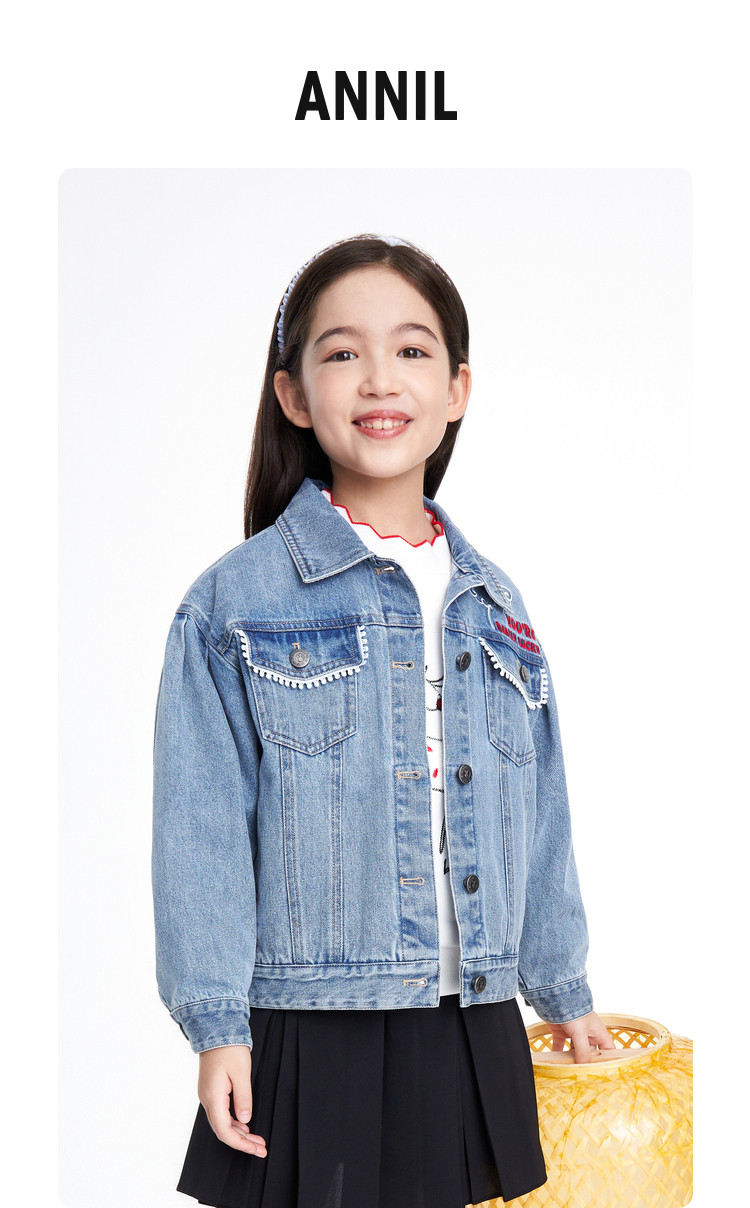Детская куртка Жан 安奈儿女童装短款翻领浅色牛仔夹克外套春秋季款甜美时尚上衣 Annil