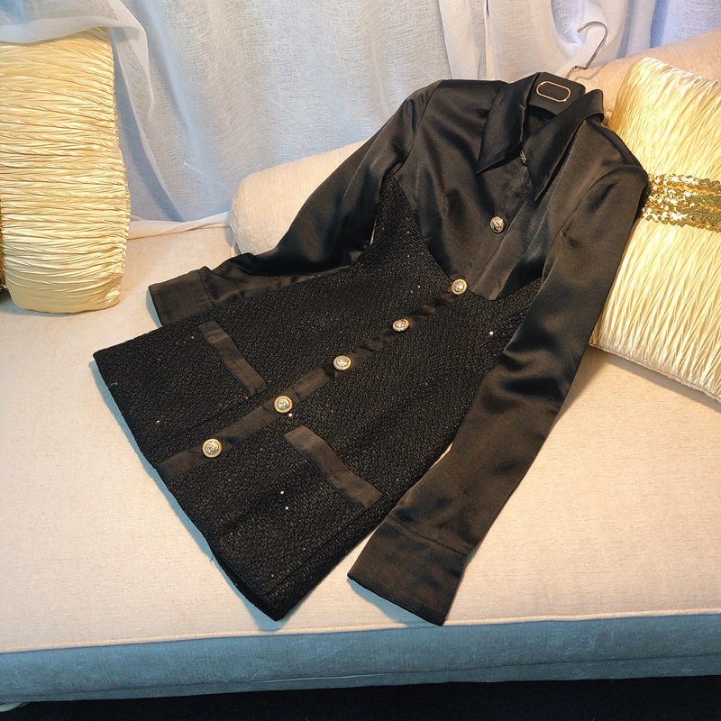 French niche ladies temperament light familiar style satin tweed sequins design sense autumn dress niche black dress