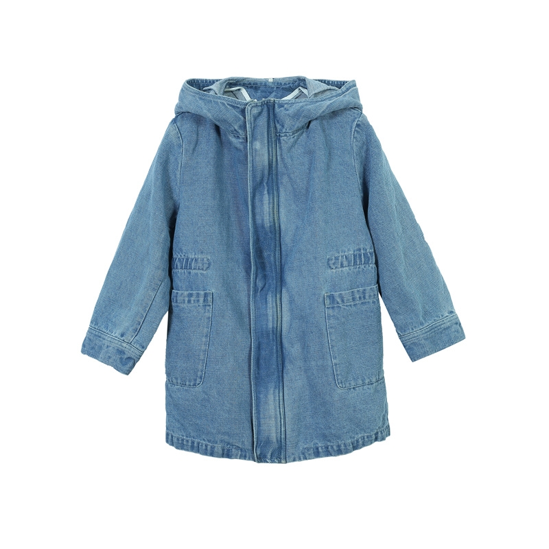 Jiangnan vải vải mùa thu giảm giá vải mới nam và nữ thư trở lại thiết kế denim jacket trẻ em trẻ em đội mũ trùm đầu.