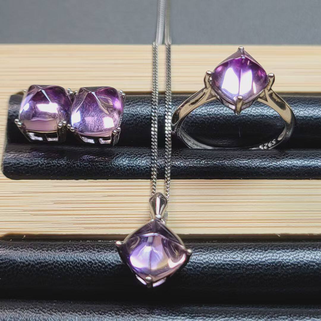 Amethyst sugar tower ring, pendant, earrings, 3-piece set, square diameter 8mm, crystal clear, fluorescent