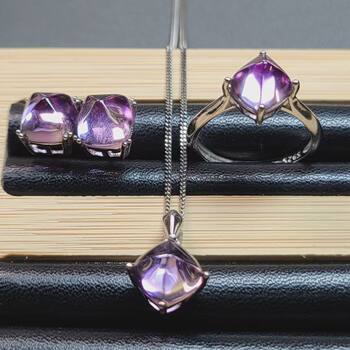 Amethyst sugar tower ring, pendant, earrings, 3-piece set, square diameter 8mm, crystal clear, fluorescent