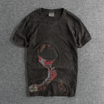 Vintage heavy washed old cotton summer short T Youth personality round neck half sleeve European and American mens short sleeve T-shirt