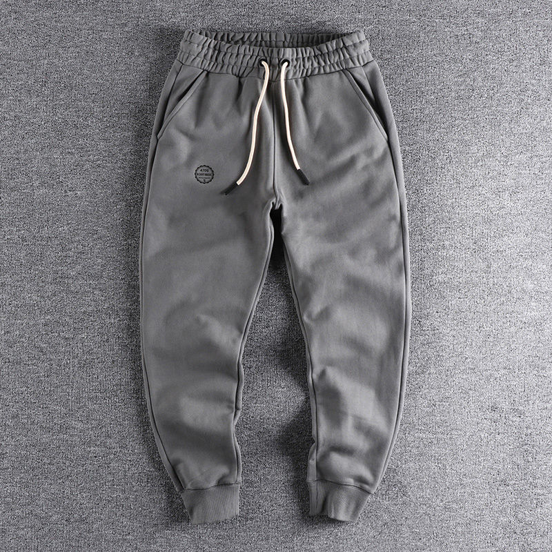 Spring pure cotton plus velvet thick section foot pants men's simple washed retro solid color closed small feet sweatpants