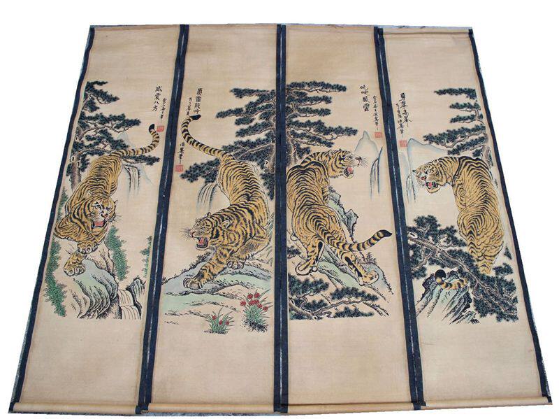 Ancient painting Tangbo Tiger painting Ancient Tiger picture Ancient Painting Studio Middle Hall Decoration Hanging Painting Four Screens