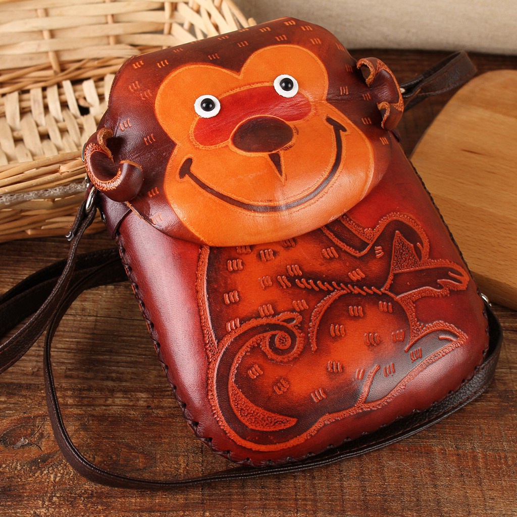 Handmade bull leather single shoulder bag mini mobile phone bag cartoon cute bag animal hand drawn bag