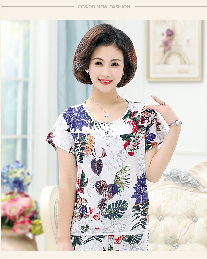 Mùa hè cotton ngắn tay của phụ nữ mỏng trung niên bông lụa đồ ngủ tops của mẹ mảnh duy nhất để tăng giản dị quần áo khách