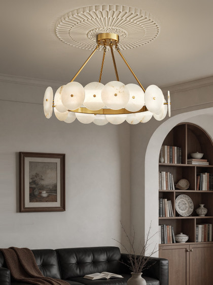 French-Style Light Luxury Marble Living Room Chandelier, Circular Designer Model, Mid-Century Style Song Aesthetic Dining Room and Bedroom Lighting Fixtures