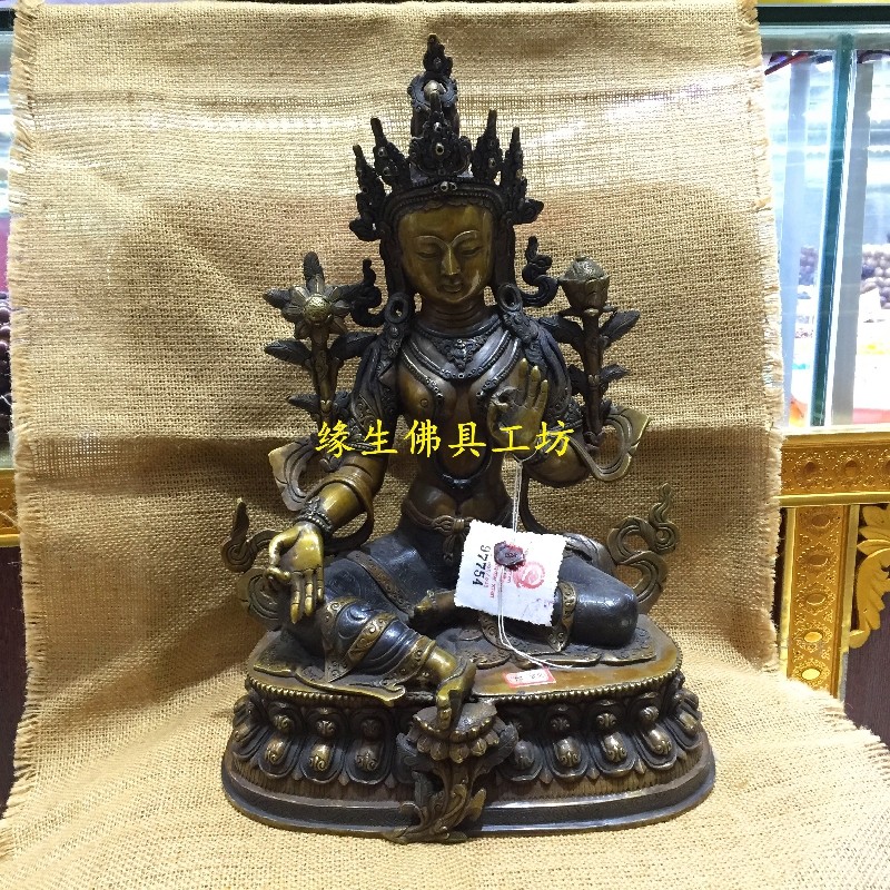 Edge life Buddha Nepal imported pure copper for old handmade carved green Mother Buddha statue