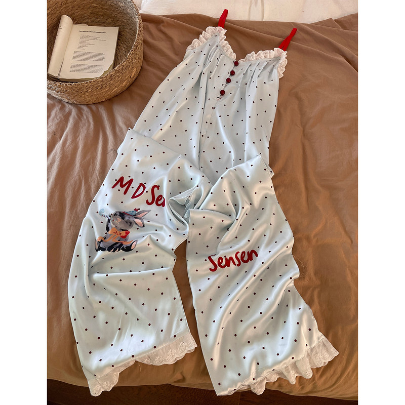 Summer Ice Silk Camisole Pajamas for Women, Large Size, Cool and Wearable Outside, Shorts Jumpsuit, Polka Dot Rabbit Summer Loungewear