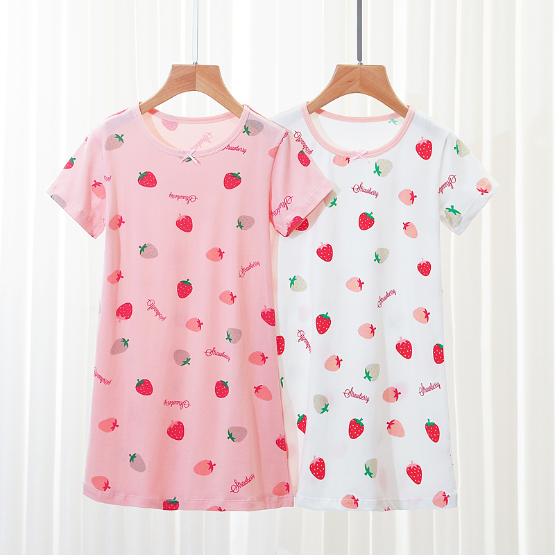 Girl Half Sleeve Sleeping Dress 2023 New Girl Home Dresses Big Children Pure Cotton Slim Short Sleeves Strawberry Sleeping Dress 