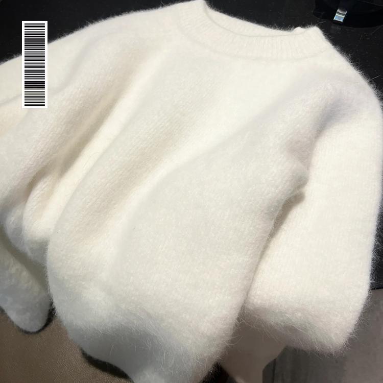 White Fuzzy Sweater Coat, Winter Lazy Style, Round Neck, Loose, Thick, Soft Mohair Knitwear for Layering