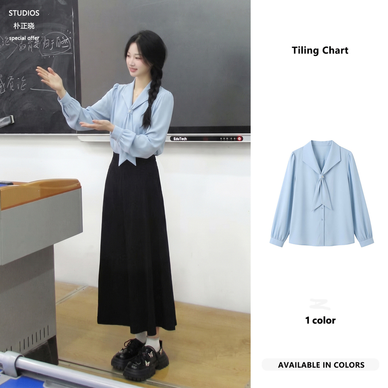 Blue Chiffon Shirt with Ribbon, New Autumn Style, Suitable for Commuting, Professional Attire, Interview, Teaching Qualification, Drapey Fabric, Re-Examination, and Postgraduate Entrance Exam