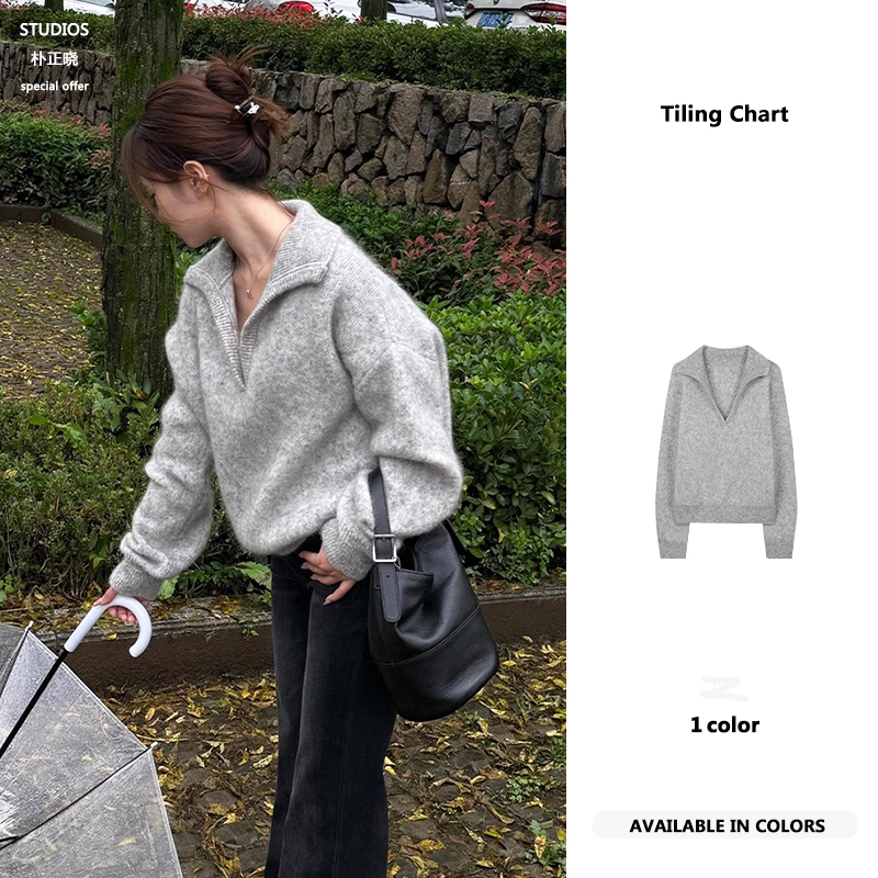Korean-Style Gray Pullover V-Neck Lapel Sweater for Women, Autumn and Winter Outerwear, Lazy Style, Loose and Thick Knitted Top