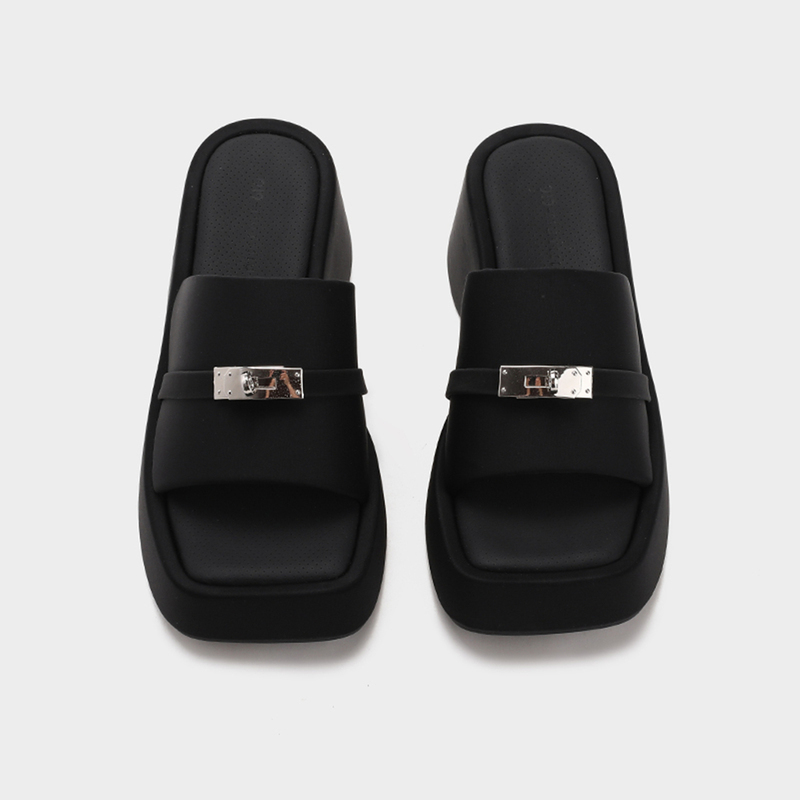 2026 New Model ~ Black Thick-Soled Slip-On Sandals for Women, Platform Height-Increasing Sandals with Metal Buckle, Casual Slippers