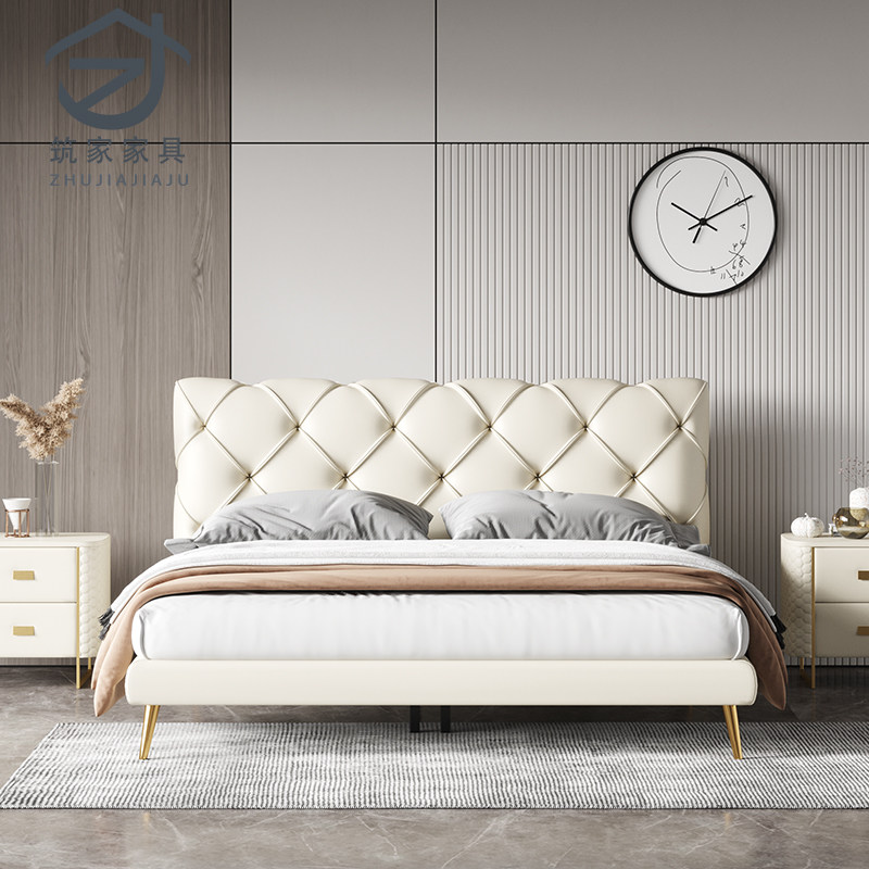 Light luxury Italian leather bed 18 meters soft bed simple post-modern furniture double bed buckle leather wedding bed solid wood