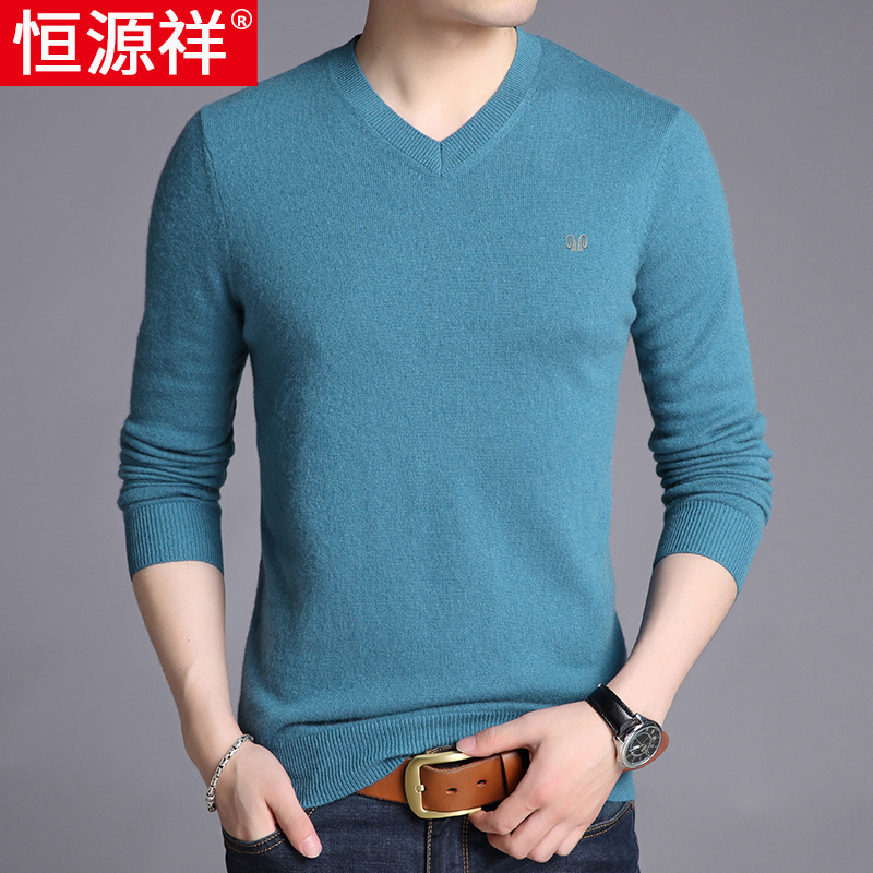 Hengyuanxiang tinh khiết cashmere áo len nam V cổ áo dày ấm giản dị cổ áo cashmere tim gà đan áo len mặc trung niên nam giới.