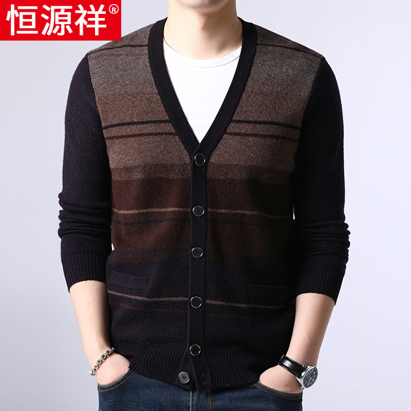 Hengyuanxiang áo len nam dệt kim ấm áp cardigan dày V-cổ áo len bên ngoài của nam giới mặc quần áo cha trung niên và người già.