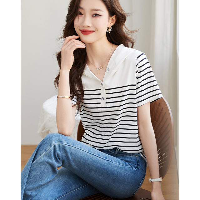 Striped hooded short-sleeved T-shirt women's summer new simple texture casual all-match stitching thin top T-shirt