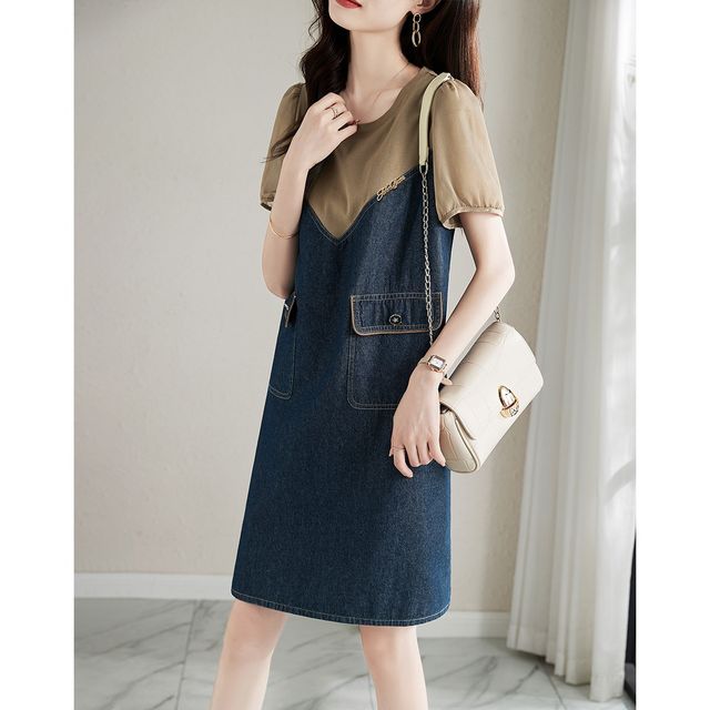 Short-sleeved denim dress women's summer new Korean version loose and thin casual splicing fake two-piece bubble a-line skirt