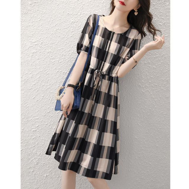 Waist-shrinking short-sleeved dress women's summer new retro plaid round collar age-reducing sweet and thin mid-length a-line skirt