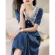 Short-sleeved denim dress women's summer new Korean style casual temperament lace polo collar tie slimming a-line skirt