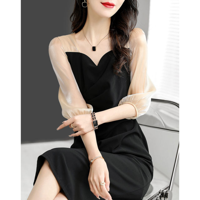 Short-sleeved dress women's summer new large size thin fashion simple organza temperament all-match elegant A-line skirt