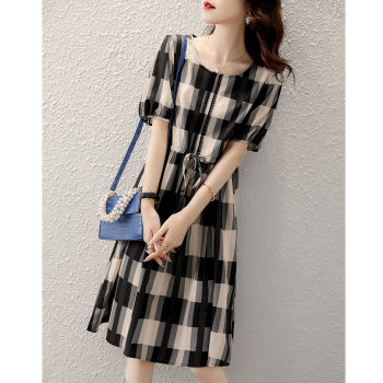 Waist-shrinking short-sleeved dress women's summer new retro plaid round collar age-reducing sweet and thin mid-length a-line skirt