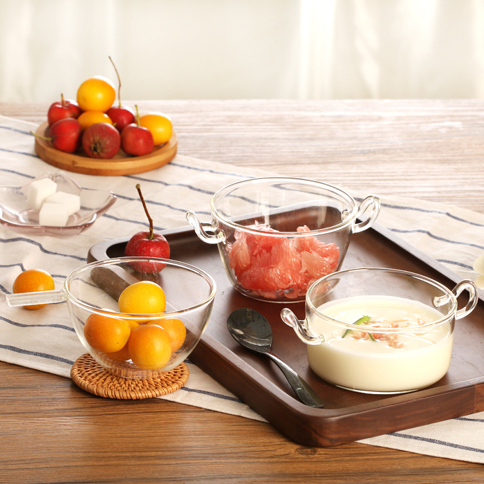 Japan-style Transparent Salad Bowl Microwave Oven Steamed Chicken Egg Spoon Creative Double Ear Heat Resistant Glass Home Cute Dessert