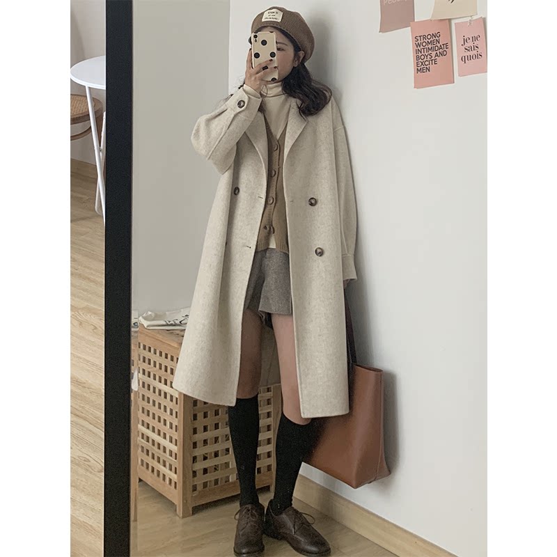 2022 autumn and winter new woolen coat women's small Japanese style woolen coat mid-length Hepburn style thickened