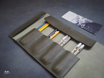 Leather Knight PXK-multifunctional cowhide pen case curtain painting tool bag olive green handmade leather goods customized
