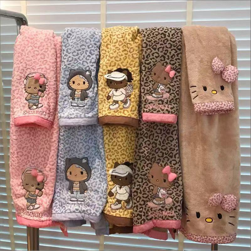 New Cute Embroidered Hello Kitty Towel and Bath Towel Set, Coral Velvet Absorbent Household Couple Wrap Towel
