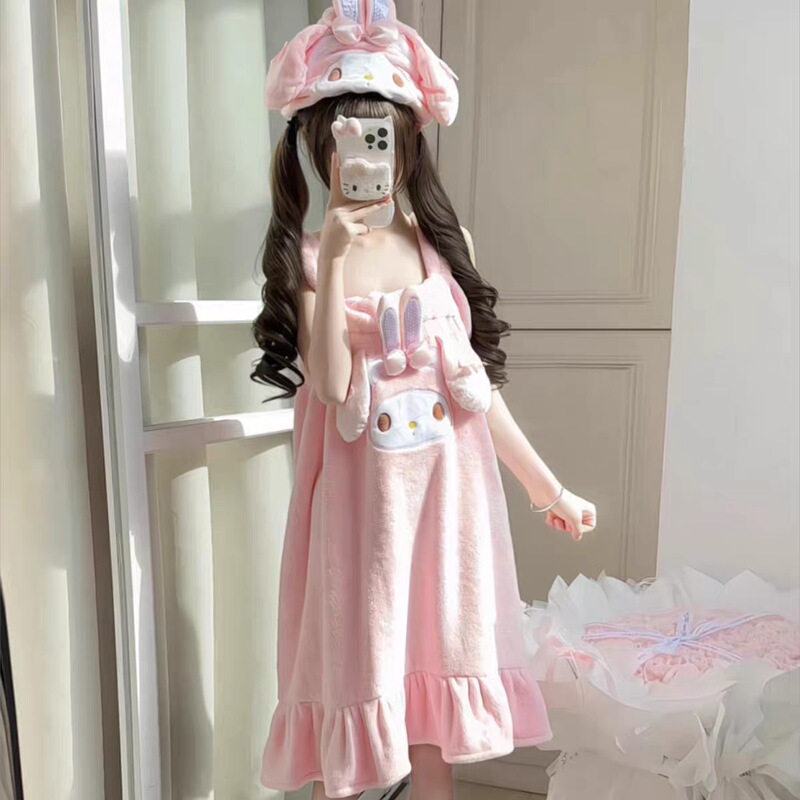 Sweet Girly Style Melody Bath Towel and Bath Skirt Pink Coral Velvet Cute Girl Puff Set