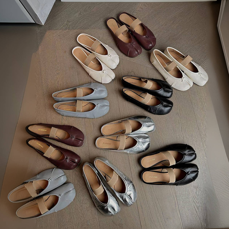 Sheepskin Shallow Slip-On Shoes with a Slimming Effect, Soft Split-Toe Shoes for Women, Genuine Leather Flat Slippers, Ballet Pig's Trotters Shoes