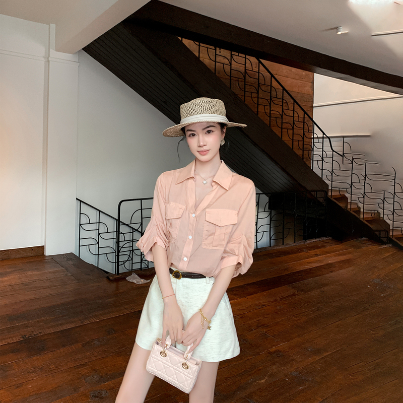Binguo Pink Lapel Stylish Work Shirt for Women, New Summer Style, High-End, Slimming, Commuter Top Binguo Pink Lapel Stylish Work Shirt for Women, New Summer Style, High-End, Slimming, Commuter Top