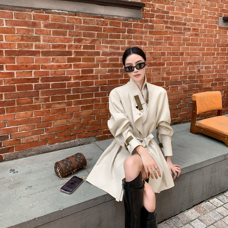 Binguo Petite Beige Waist-Cinching Slim-Fit Stand-Collar Short Trench Coat for Women 2026 Spring and Autumn Elegant Jacket